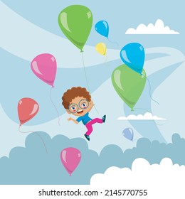 Junge, der mit Ballons am Himmel fliegt