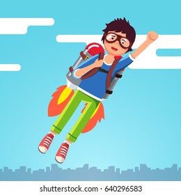 Boy flying in the sky clouds on a rocket jetpack like a super hero pilot. Kid raising fast with winner clenched fist gesture. Flat style character vector illustration isolated on white background.