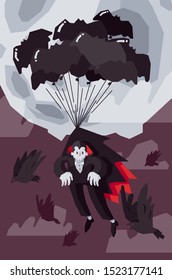 Boy is Flying in the Sky on Bat Shaped Baloons in Vampire Costume infront of the Moon in Halloween Night.