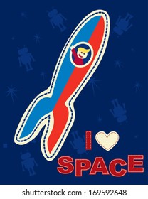 A boy flying to space in a rocket patches with robots background