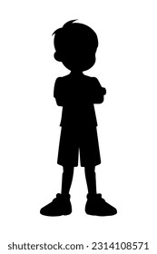 Boy with folded arms silhouette isolated on white background. Cartoon style. Vector illustration