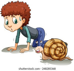 A boy following the snail on a white background