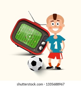 Boy with Football Ball and Television with Soccer Match on Screen - Vector Design