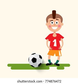 Boy with Football Ball. Vector Flat Design Soccer Sport Symbol.