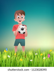 Boy with football on the meadow.Vector illustration.