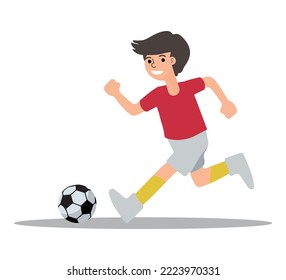 A boy football player, in a red sports shirt, kicks a soccer ball. Vector illustration in cartoon style, isolated flat