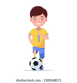 Boy football player in sportswear runs with the ball. Young child playing with a soccer ball. Vector illustration isolated on white, front view flat style.