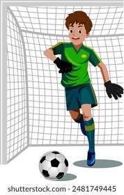 A boy football player in a football uniform and goalkeeper gloves full length in front, the goalkeeper in the goal hits the ball Vector