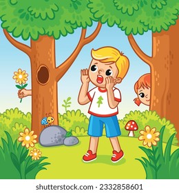 Boy in the forest calls for a lost girl. Vector illustration in cartoon style.
