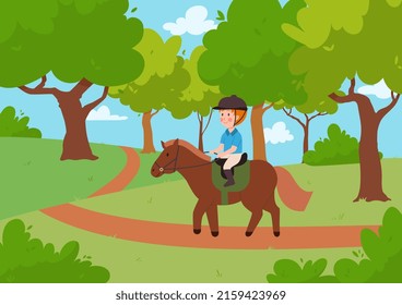 Boy in forest rides a horse, vector flat illustration on white background. Child riding a horse. The boy learns to ride, trains, walks