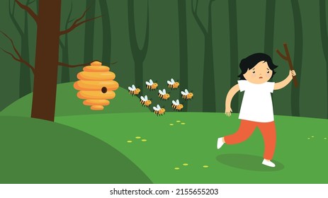 a boy in the forest runs away from bees, a bee nest on a tree