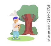 Boy in forest showing smart watch on his wrist. Child using gadget outdoors, fitness bracelet accessory. Kid online smart technologies. Cartoon vector illustration of travel location point isolated