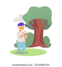 Boy in forest showing smart watch on his wrist. Child using gadget outdoors, fitness bracelet accessory. Kid online smart technologies. Cartoon vector illustration of travel location point isolated