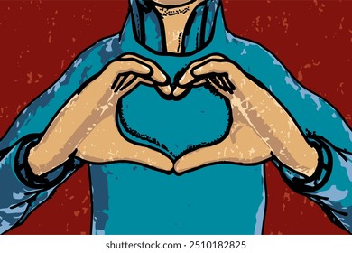 boy forming a heart with his hands close up drawing illustration
