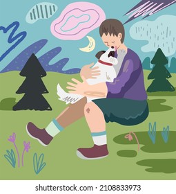 The Boy Found The Lost Dog. The Child Hugs A Puppy On The Background Of Nature. Vector Illustration