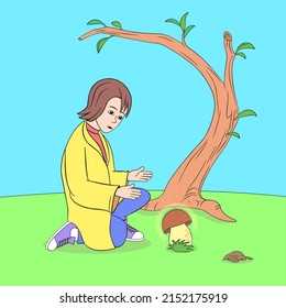 The boy found a mushroom in the old dry forest, cartoon pic,
