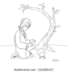 Boy found a mushroom in the old dry forest, outline,