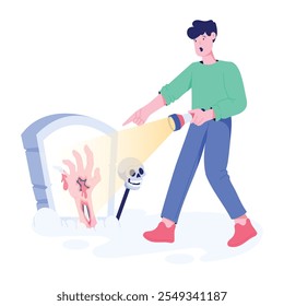 Boy found a spooky grave with zombie hand, flat illustration 