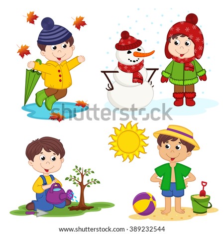 boy and the four seasons - vector illustration, eps