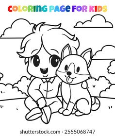 Boy with fox character coloring page outline vector illustration