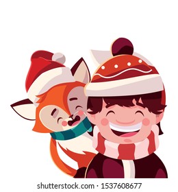 boy and fox with hat of winter in white background vector illustration design