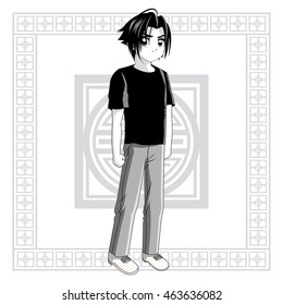 Boy frame anime male manga cartoon comic icon. Grey back and white illustration. Vector graphic