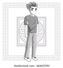 Boy frame anime male manga cartoon comic icon. Grey back and white illustration. Vector graphic