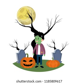 boy with frankenstein costume in the cemetery and full moon