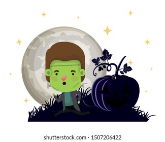 boy with frankenstein costume pumpkin in night scene