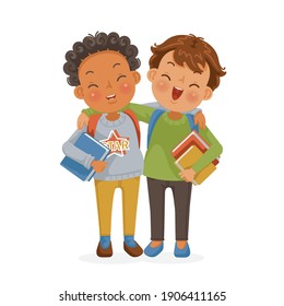 Boy and friend. Boys' school. Close friends hug each other's shoulders. Best friend's friendship moment 