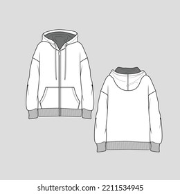 Boy friend Zipper Hoodie Sweatshirt Kangaroo pocket drop shoulder drawstring long sleeve ribbed cuffs Fashion design flat sketch drawing template