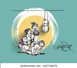 Boy with friends playing dahi handi in Krishna Janmashtami, Hand Drawn Sketch Vector illustration.