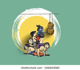 Boy with friends playing dahi handi in Krishna Janmashtami, Hand Drawn Sketch Vector illustration.