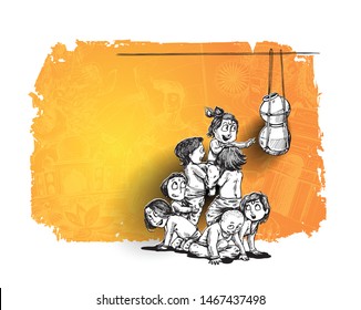 Boy with friends playing dahi handi in Krishna Janmashtami, Hand Drawn Sketch Vector illustration.