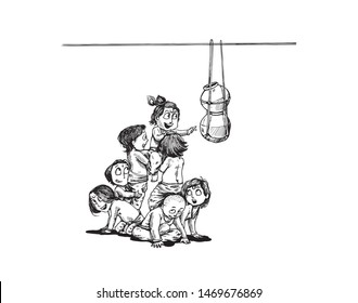Boy with friends playing dahi handi in Krishna Janmashtami, Hand Drawn Sketch Vector illustration.