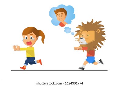 A boy is frightening a friend wearing a lion mask. the girl was seen crying out of fear