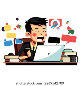 A boy in front of a computer, laptop. The man is sitting in the office. Nice character graphics made in vector graphics. Illustration for a child.
