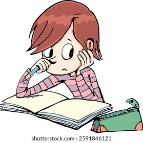 boy in front of the textbook has problems with learning