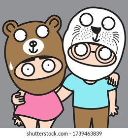 Boy With Full Face Mask Seal Hugging Girl With Full Face Mask Bear To Protect Themself From Spreading Virus And Germs Concept Card Character illustration