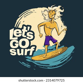 Boy full moon surfer cool summer t-shirt print. Boyfriend midnight ride surfboard on big wave. Let's go slogan. Dude beach funny child wear illustration. Tropical sea surf sport kids typography