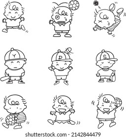 Boy funny characters set cartoon coloring page cute kawaii manga line art doodle drawing style
