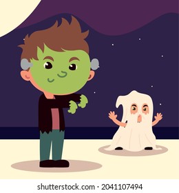 boy with funny costumes ghost and monster