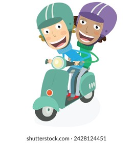 Boy and funny boy driving a scooter. Vector Illustration.