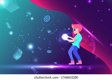 A boy with galaxy space digital technology with VR headset, virtual reality concept vector illustration
