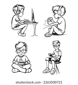 boy game. geeky boy playing in video games on computer or gaming console. Vector black ink line art illustrations