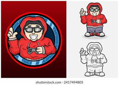 Boy Gamer Mascot Character Logo On Circle. Vector Illustration.