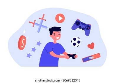 Boy gamer jugando con gamepad en línea. Clasificación superior de juegos digitales para niños de ilustración vectorial plana. Desarrollo de juegos de consola, concepto de entretenimiento para banner, diseño de sitio web o página web de inicio