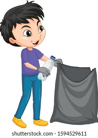 Boy with garbage bag on isolated background illustration
