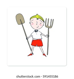 Boy with a garden tool