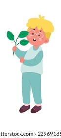 Boy gardener with plant vector flat illustration Gardening